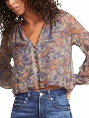 Veronica beard Paisley V-Neck Button-Front Women's chiffon Blouse – Blue & Tan